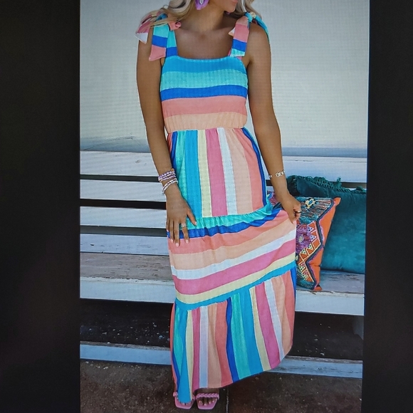 081. Multicolor Color Block Striped BowKnot Straps Maxi Dress Size S - Picture 1 of 16